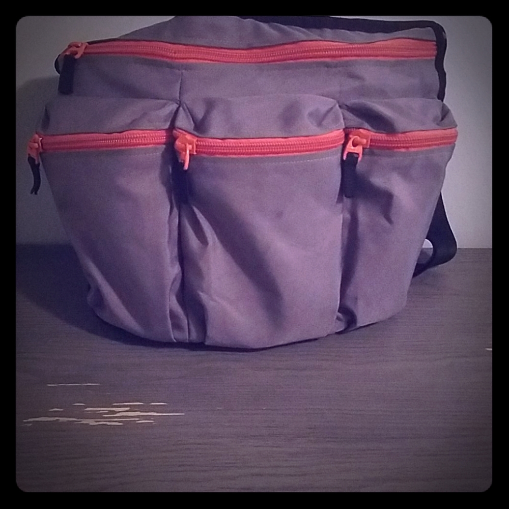 Grey and orange diaper bag
